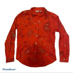 Chico’s Red Embroidered Button Up Top